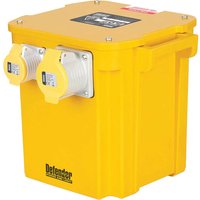 Yellow Defender portable site transformer with dual sockets and black logo, converts 240v to 110v, 5Kva capacity.