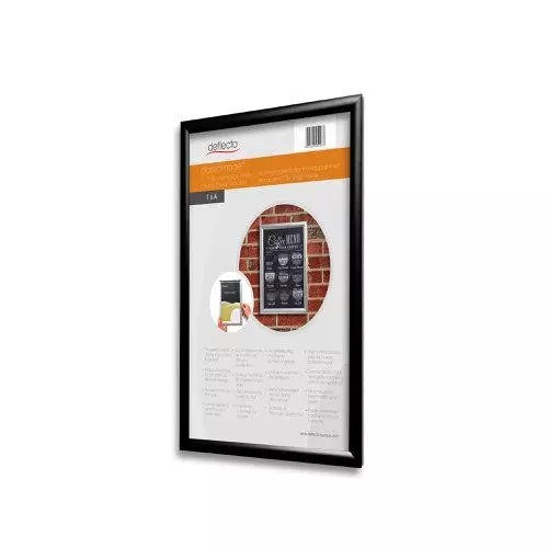 Deflecto A4 tamper-proof snap frame with a 25mm silver profile, showcasing a sleek design suitable for displaying posters or notices securely.