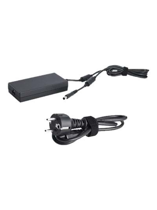 Black DELL 2H35J power adapter with a sleek rectangular design, featuring two output connectors and a power cord with a European plug.