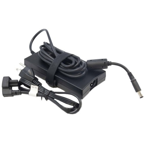 Black DELL 2TXJ7 power adapter with a sleek design, featuring a 130W capacity, bundled cables, and a connector for easy device charging.
