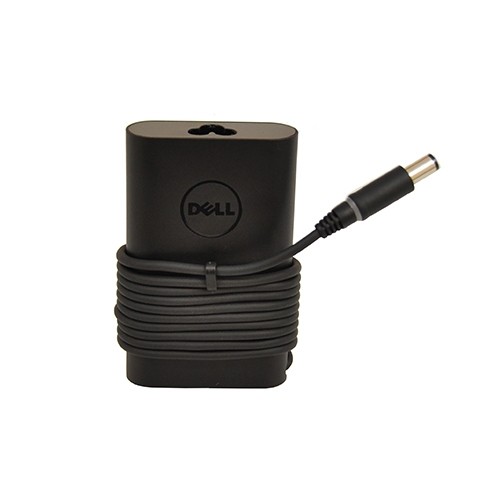 Black DELL 450-ABFT power adapter with a compact design, featuring a coiled cable and a connector tip, suitable for indoor use with a 65 W output.