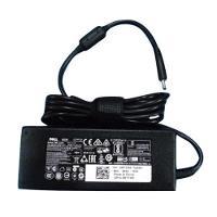 Black DELL 450-AEWC power adapter with a 90 W capacity, featuring a rectangular design, a coiled black cable, and various certification labels on the surface.
