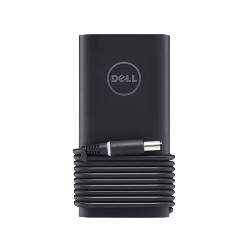 Black DELL 450-AJBL power adapter with a sleek design, featuring a coiled cable and the DELL logo prominently displayed on the front, rated for indoor use at 240 W.