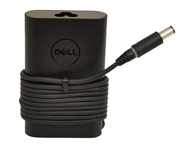 Black Dell 451-BBKO mobile device charger with a coiled power cord, featuring a circular Dell logo on the front and a cylindrical connector for laptop charging.