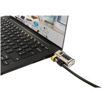 Black and stainless steel Dell cable lock, 1.8m, attached to a laptop for security.