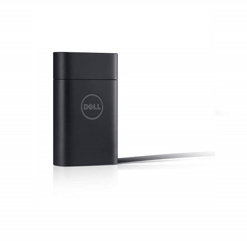 Black Dell 492-BBVF power adapter with a compact design, featuring the Dell logo on the front and a connected power cord for indoor use, rated at 45 W.