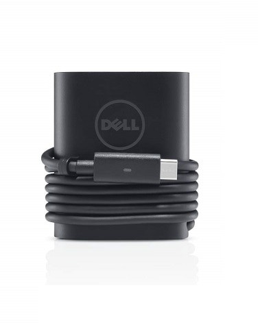 Black DELL KH1C8 power adapter with a cylindrical design, featuring a coiled USB-C cable, and the DELL logo prominently displayed on the front.