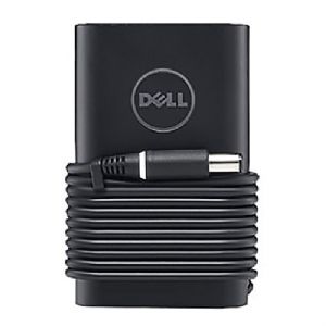 Black Dell power adapter with a compact design, featuring a coiled cable and the Dell logo prominently displayed on the front, rated at 65W for indoor use.