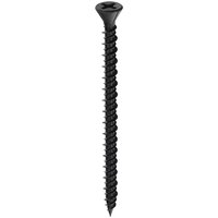 Black phosphate dense board screw with a sharp point, coarse threads, and a Phillips flat head.