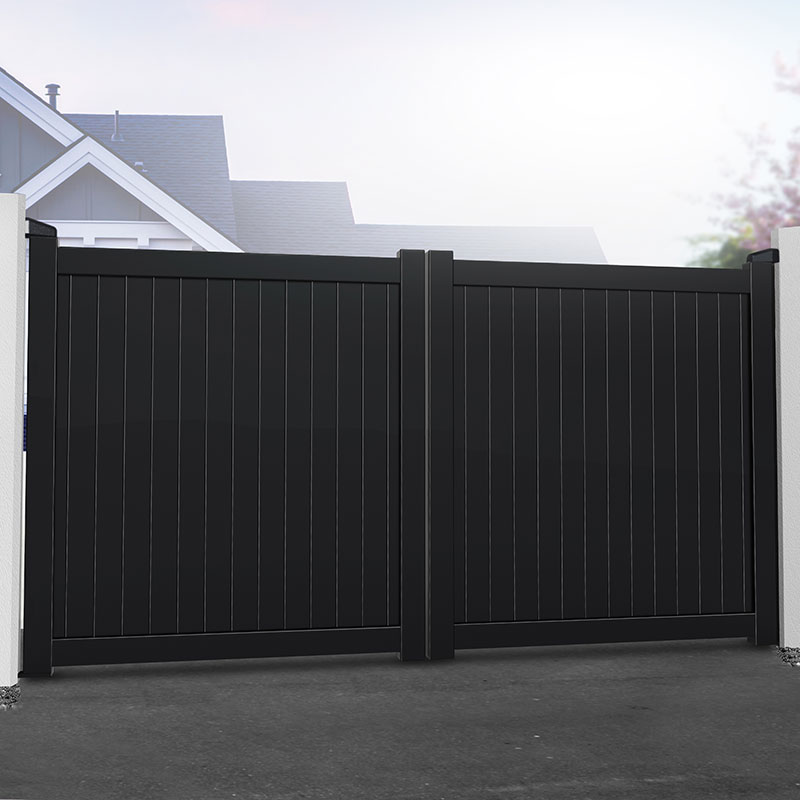 Black metal double gates with vertical slats and sturdy posts, designed for driveways, featuring a sleek, modern look suitable for residential properties.