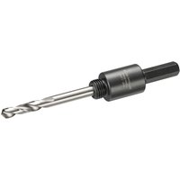 Dewalt 10mm shank arbor with black pilot drill bit, compatible with 14mm-30mm hole saws, silver and black finish.