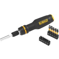 DeWalt black and yellow telescopic ratcheting screwdriver with 11 interchangeable bits in two holders.