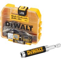 DeWalt 16 piece screwdriver bit set in yellow case with clear lid, includes black and yellow bit holder.