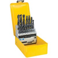 Yellow DeWalt 29 piece HSS-R drill bit set in a sturdy plastic case with organized slots for each bit.