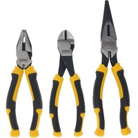 DeWalt 3 Piece Plier Set with yellow and black rubber grips, including needle nose, diagonal, and slip joint pliers.
