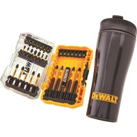 DeWalt 32 Piece FlexTorq Screwdriver Bit Set in yellow case with black travel mug featuring DeWalt logo.