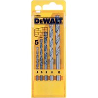 Yellow DeWalt 5 Piece Masonry Drill Set with spiral flutes, sizes 4 to 10mm, in a transparent plastic case.