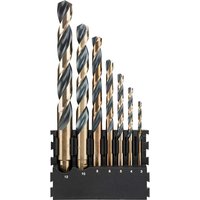 DeWalt 7 Piece Black and Gold Drill Bit Set with spiral flutes in a black holder, varying sizes from large to small.