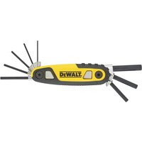 Yellow and black DeWalt folding hex key set with eight locking hex keys extended from the handle.