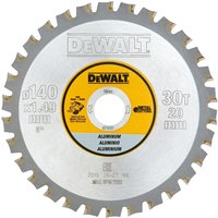 DeWalt aluminum cutting circular saw blade, silver with yellow center, 30 teeth, 140mm diameter.