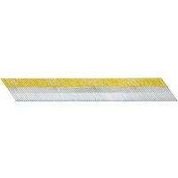 Angled strip of galvanized 15 gauge brad nails with yellow and silver finish by DeWalt.