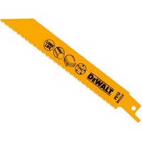 Yellow DeWalt bi-metal reciprocating saw blade with black icons and text, featuring a toothed edge.