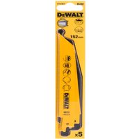 Yellow DeWalt bi-metal reciprocating saw blades for sheet metal in a clear plastic case with black text and icons.