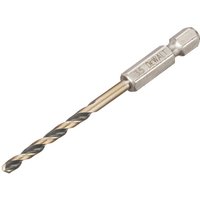Dewalt Black&Gold Hex HSS-G 3.5mm drill bit with spiral flutes and hex shank, metallic finish.