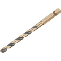 Dewalt Black&Gold 5.0mm hex shank drill bit with spiral flutes and gold finish.