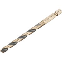 Dewalt Black&Gold 6.5mm hex HSS-G drill bit with spiral flutes and hexagonal shank.