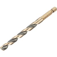 Dewalt Black&Gold 7.5mm hex shank HSS-G drill bit with spiral flutes and gold finish.