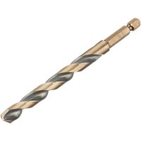Gold and black DeWalt 9.0mm hex HSS-G drill bit with spiral flutes and hexagonal shank.