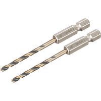 Dewalt Black&Gold Hex HSS-G Drill Bits, 3.0mm, two-pack, featuring spiral flutes and hex shank for precision drilling.