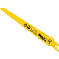 Yellow DeWalt cordless reciprocating saw blade with jagged edge and black icons for wood and plastic cutting