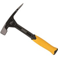 DeWalt bricklayers hammer with a black steel head and yellow rubber grip handle.