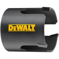 Black DeWalt carbide hole saw with yellow logo, open cylindrical design, and sharp cutting edges.