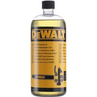 Yellow DeWalt chainsaw oil bottle with black cap and bold black text on label.