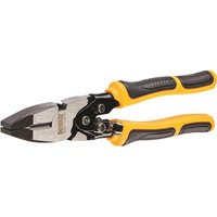 Yellow and black DeWalt compound action linesman's pliers with ergonomic grips and robust cutting edges.