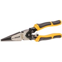 Yellow and black DeWalt compound action long nose pliers with ergonomic grips and sharp, tapered jaws.