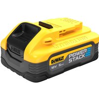 Yellow and black DeWalt 18v XR Powerstack Li-ion battery, compact design with 5ah capacity and visible branding.