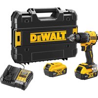 Yellow and black Dewalt cordless drill with battery, charger, and hard carrying case.