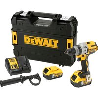 Yellow and black DeWalt cordless drill with two 5Ah batteries, charger, and carrying case.
