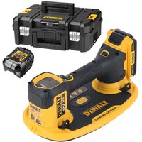 Yellow and black DeWalt cordless suction lifter with ergonomic handle, battery pack, and storage case.
