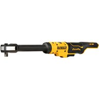 Yellow and black DeWalt cordless ratchet wrench with ergonomic grip and 3/8" drive head.