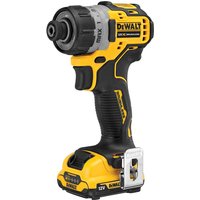 Yellow and black DeWalt cordless screwdriver with brushless motor and compact design.