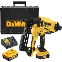 Yellow DeWalt cordless fencing stapler with brushless motor, black grip, and charger, includes carrying case.