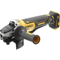 Yellow and black DeWalt cordless angle grinder with paddle switch and brushless motor, 125mm disc size.