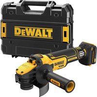 DeWalt cordless angle grinder, yellow and black, with 125mm disc, ergonomic handle, and carrying case.