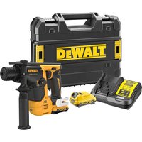 DeWalt yellow and black cordless SDS Plus hammer with compact design, side handle, charger, and carrying case.