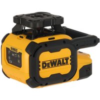 Yellow and black DeWalt USB rotary dual slope red beam laser level with control panel and sturdy handle.